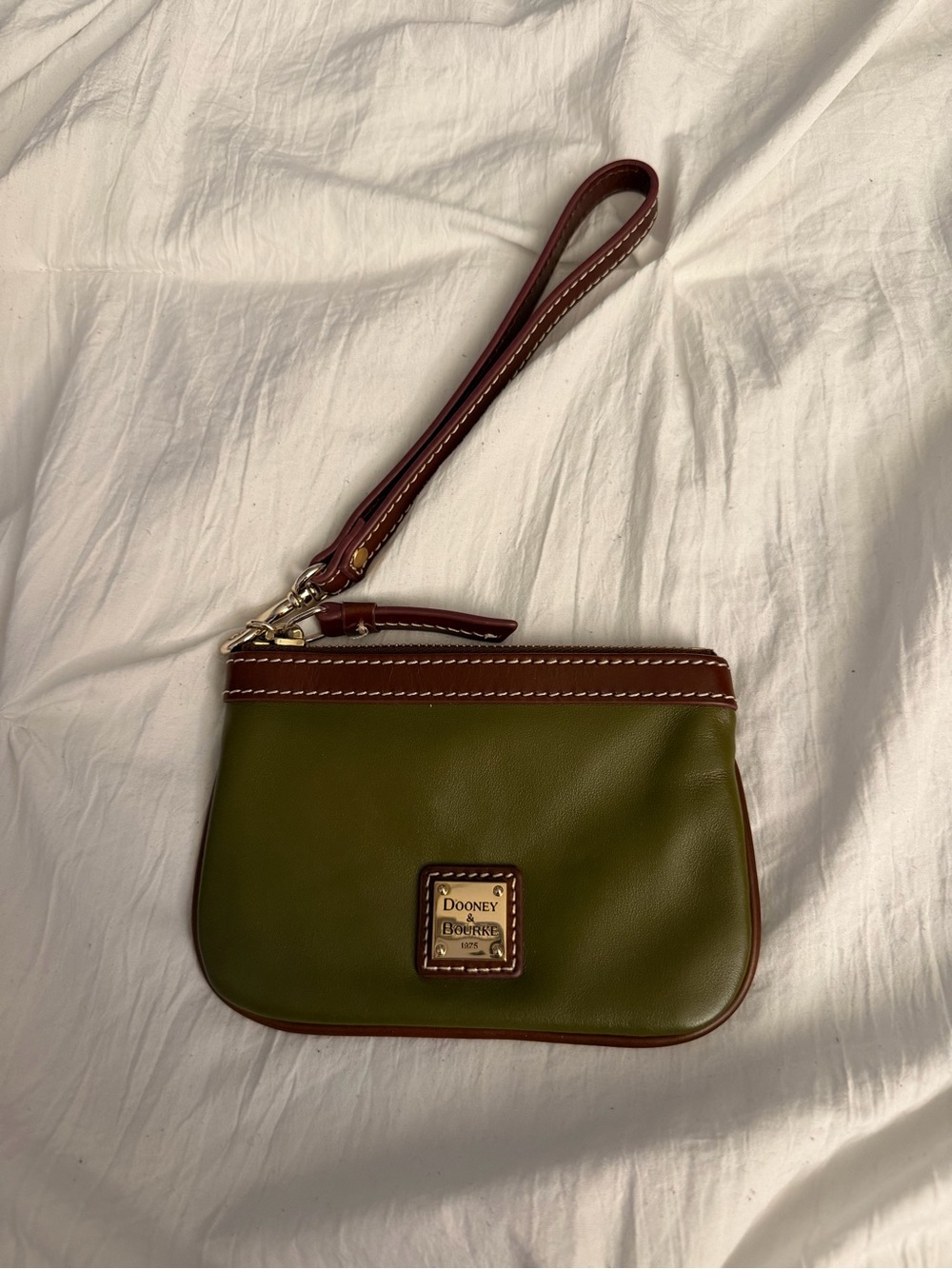 Dooney & Bourke Olive Green Leather Wristlet with Brown Trim